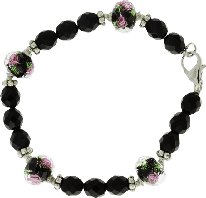 Silver-Tone Black Floral Beaded Bracelet