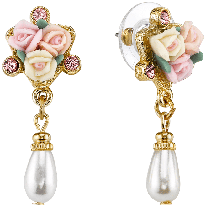 Gold-Tone Crystal Ivory and Pink Porcelain Rose Simulated Pearl Drop Earrings