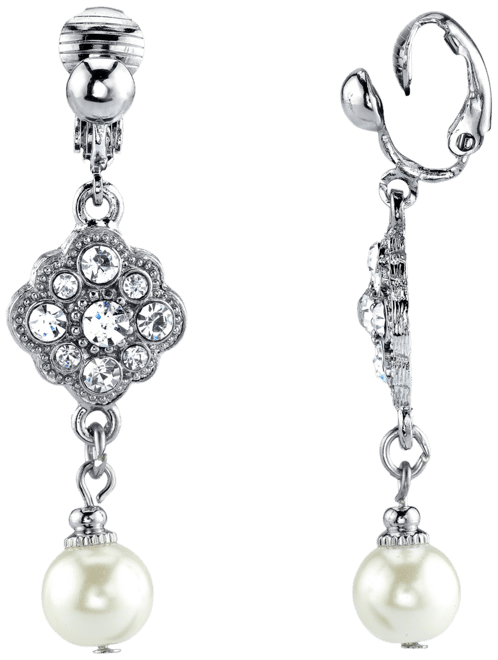 Silver Tone Crystal and Imitation Pearl Drop Clip Earrings