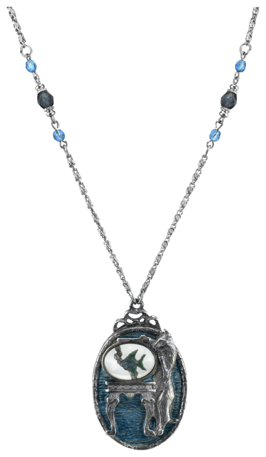 Pewter Cat with Blue Enamel Fishbowl Beaded Necklace 30"