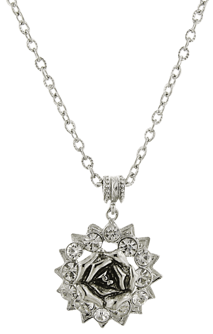 Silver-Tone Crystal Flower Pendant Necklace 16" Adjustable