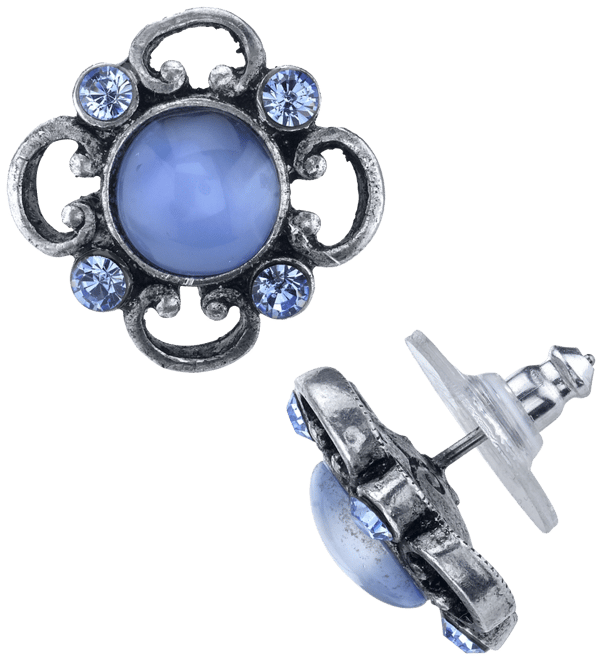 Pewter Tone Lt. Blue Moonstone and Crystal Accent Post Button Earrings