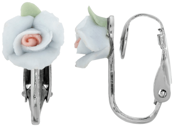 Silver Tone Porcelain Rose Clip Earrings