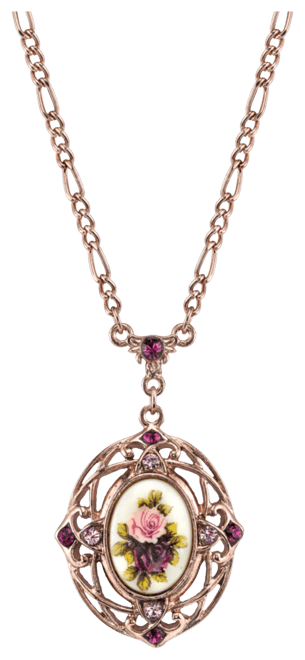 Rose Gold-Tone Purple Crystal Flower Pendant Necklace 28"