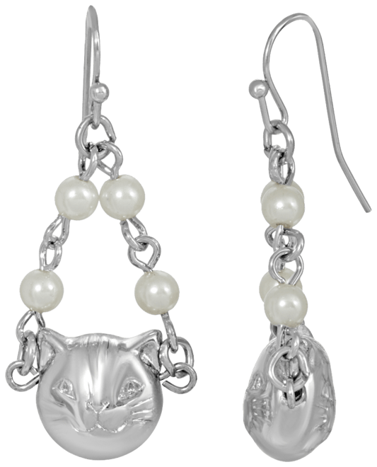 Women's Silver Tone Cat Imitation Pearl Drop Earrings