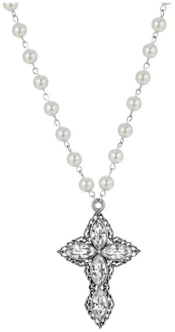 Women's Pewter Clear Crystal Diamon Shaped Stones Cross Imitation Pearl Necklace