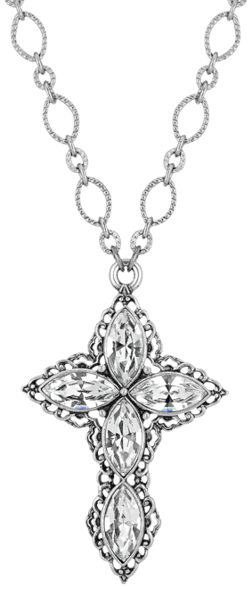 Pewter Crystal Diamond Shaped Stones Cross 24" Necklace