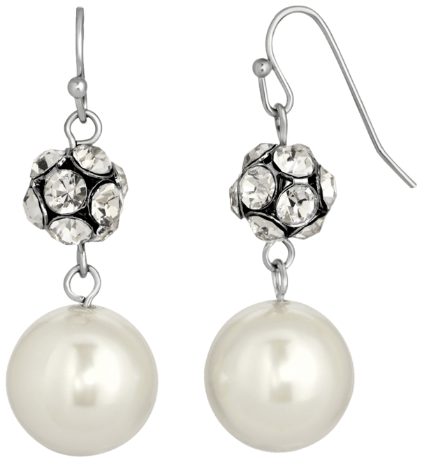 Silver-Tone Imitation Pearl and Crystal Fireball Drop Earrings