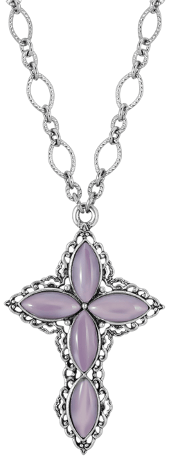 Pewter Amethyst Diamond Shaped Stones Cross 24" Necklace