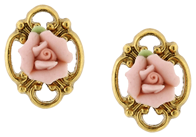 Gold-Tone Pink Porcelain Rose Button Earrings
