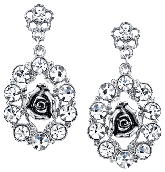 Silver-Tone Crystal Oval Flower Drop Earrings