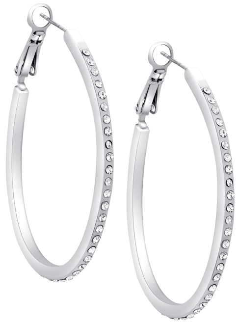 Silver-Tone Pave 1 1/4" Oval Hoop Earrings