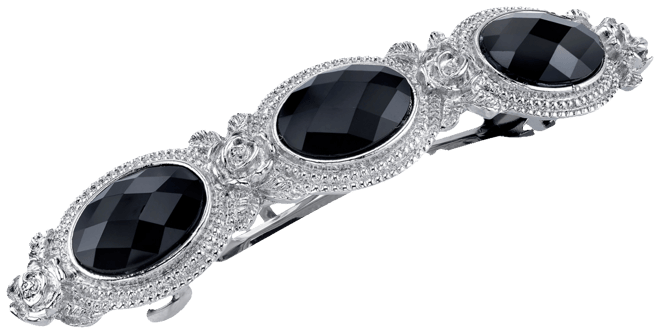 Silver-Tone Black Stones Oval Barrette