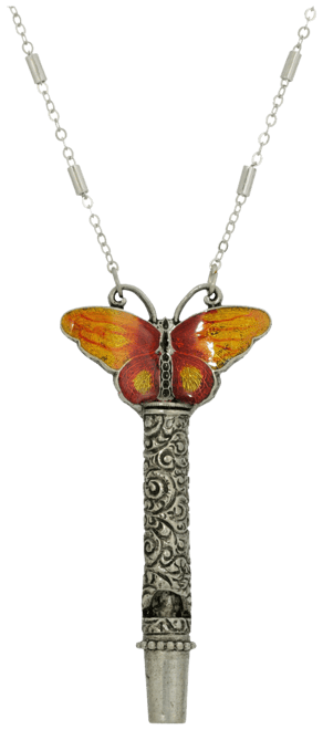 Women's Pewter Whistle with Orange Yellow Enamel Butterfly Necklace