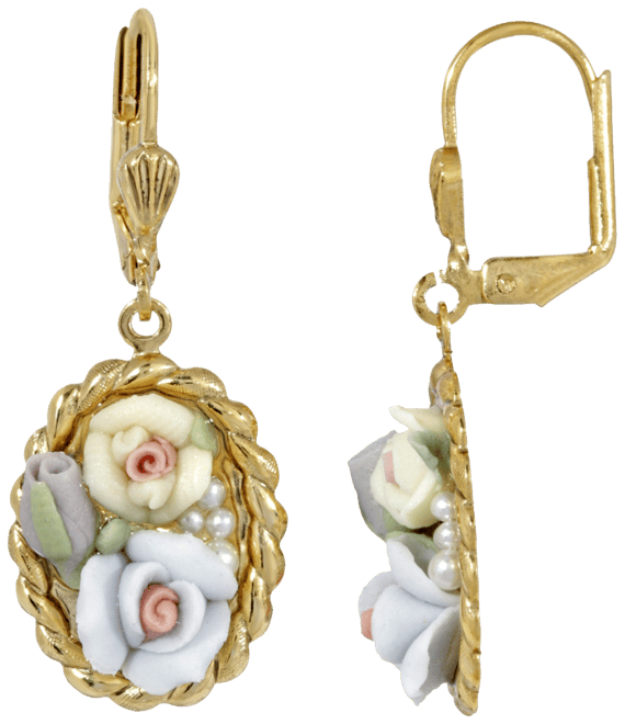 Women's Gold Tone Blue and Ivory Porcelain Flower Drop Earrings