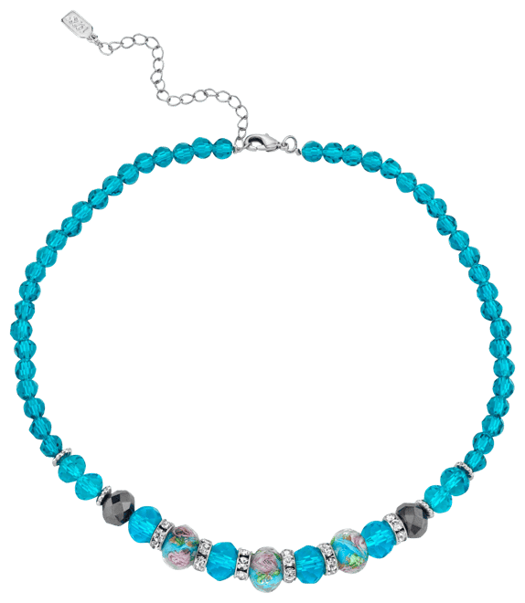 Silver Tone Aqua Pink Floral Beaded Necklace 15" Adjustable