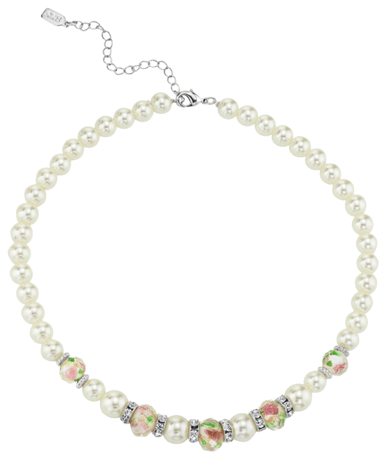 Silver Tone Faux Pearl Pink Flower Beaded Necklace 15" Adjustable