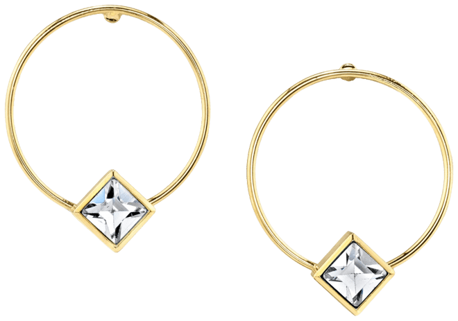 14K Gold-tone Diamond Shape Crystal Hoop Stainless Steel Post Small Earrings