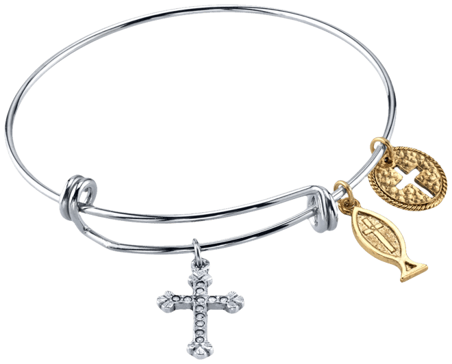 Silver Tone Bangle Bracelet with Cross Fish and Medallion Charms