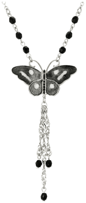 Women's Silver Tone Black White Enamel Black Beads Butterfly Necklace