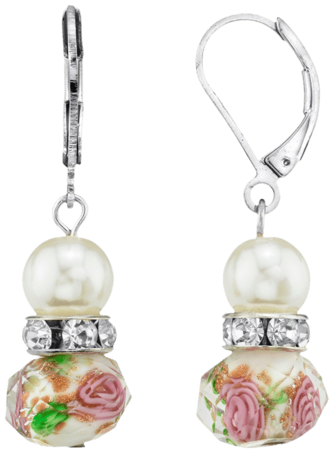 Silver Tone Faux Pearl Pink Green Beaded Drop Wire Earring