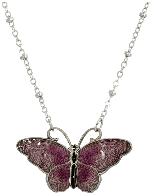 Women's Silver Tone Purple and Black Enamel Butterfly Necklace