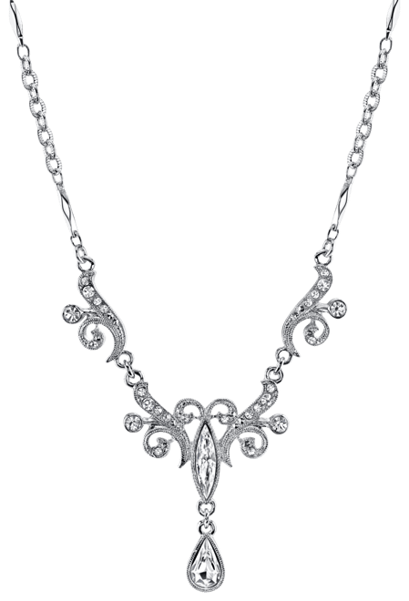 Silver-Tone Crystal Teardrop Necklace 15" Adjustable