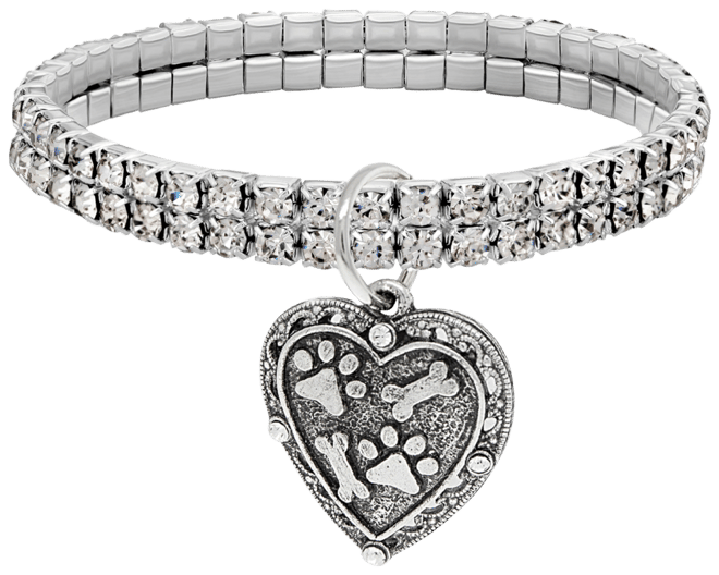 Silver-Tone Two Row Crystal Stretch Bracelet with Paw and Bones Heart Charm