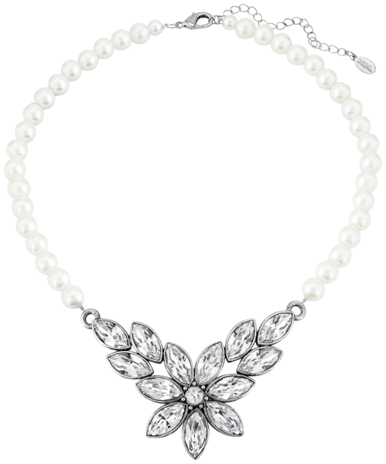 Silver-Tone Diamond Shaped Crystal Flower 15" Adjustable Imitation Pearl Necklace