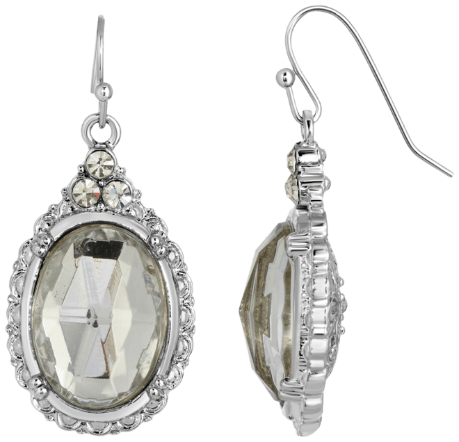Silver-Tone Crystal Oval Drop Earrings
