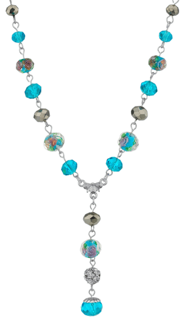 Silver Tone Aqua Pink Flower Beaded Drop Y Necklace 16" Adjustable