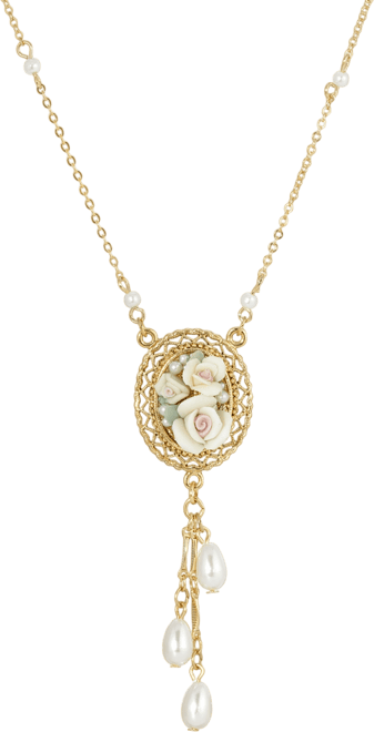 Women's Gold Tone Ivory Porcelain Rose Oval Pendant with Imitation Pearl Drop Necklace