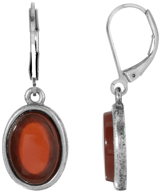 Silver-Tone Semi Precious Carnelian Oval Flat Drop Earrings