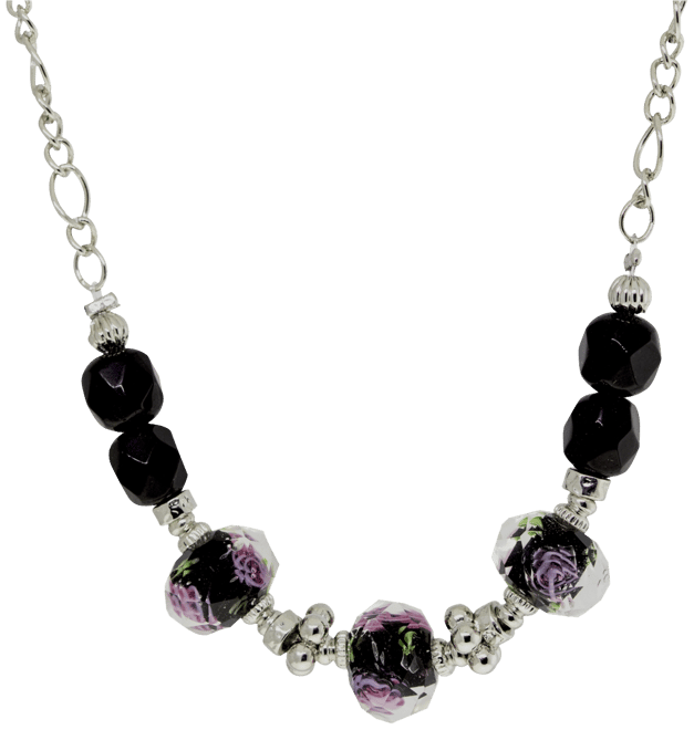 Silver-Tone Black Floral Beaded Necklace