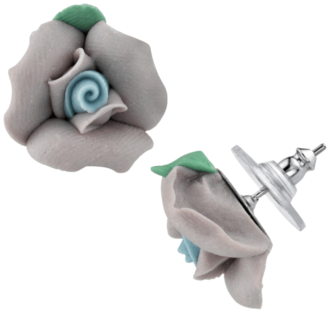 Silver Tone Large Porcelain Rose Earrings