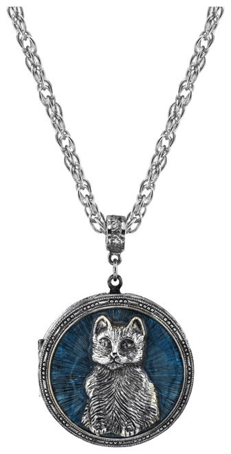 Pewter Cat Locket with Blue Enamel Necklace 30"