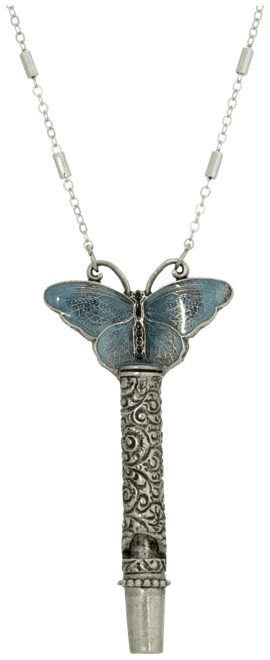 Women's Pewter Whistle with Blue Enamel Butterfly Necklace