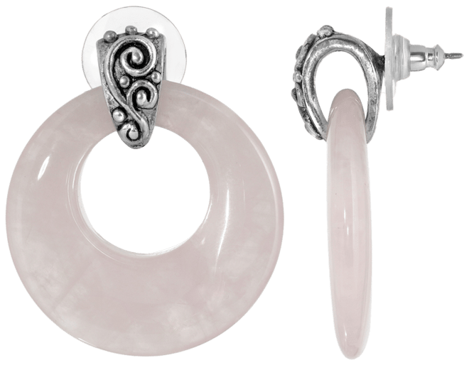 Pewter Semi Precious Round Rose Quarts Hoop Earrings