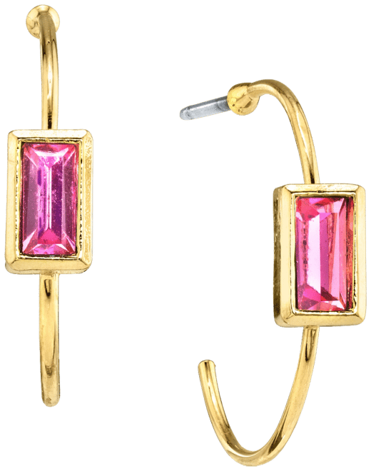 14K Gold-tone Square Crystal Open Hoop Stainless Steel Post Small Earrings