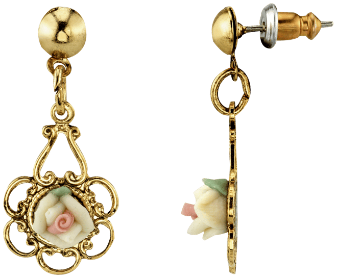 Gold-Tone Ivory Color Porcelain Rose Drop Earrings