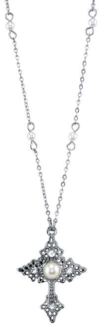 Silver Tone Filigree Cross with Simulated Pearl Crystal Accent Necklace 16" Adjustable