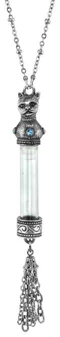 Antiqued Pewter Blue Crystal Cat Vial Tassle Necklace 30"