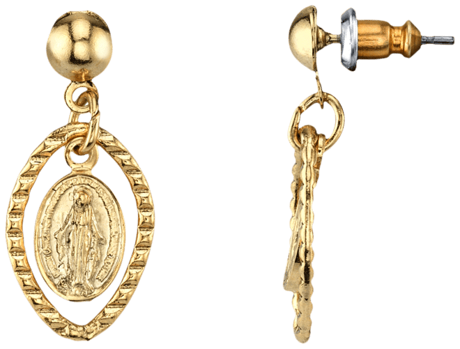 14K Gold-tone Mother Mary Medallion Post Drop Earrings