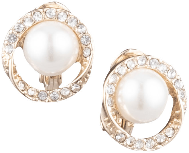 Gold-Tone Pave & Imitation Pearl Halo E-z Comfort Clip-On Button Earrings