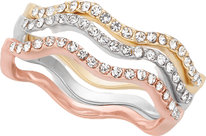 Tri-Tone Silver, Gold Plated, 18K Rose Gold Plated 3-Pc. Set Pave Wavy Rings, Created for Macy's