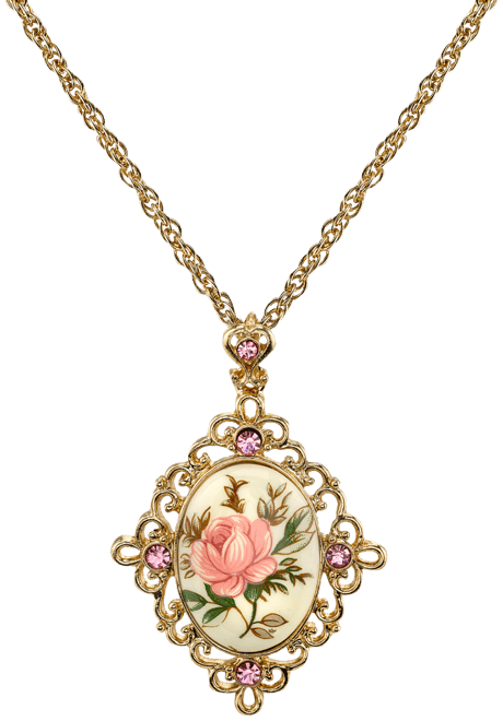 Gold Tone Ivory Color Floral Decal Crystal Accent Pendant 16" Adjustable Necklace