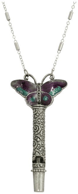 Women's Pewter Whistle with Purple Green Enamel Butterfly Necklace