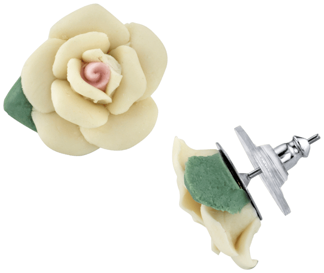 Silver-Tone Large Porcelain Rose Earrings
