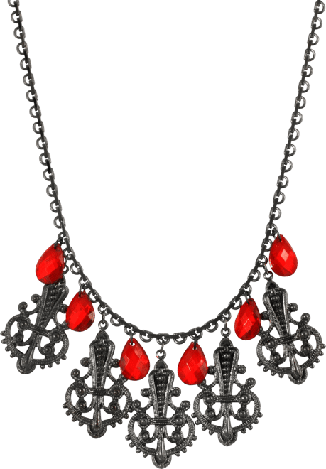 Women's Black Tone Multi Filigree and Red Briolette Drop Necklace