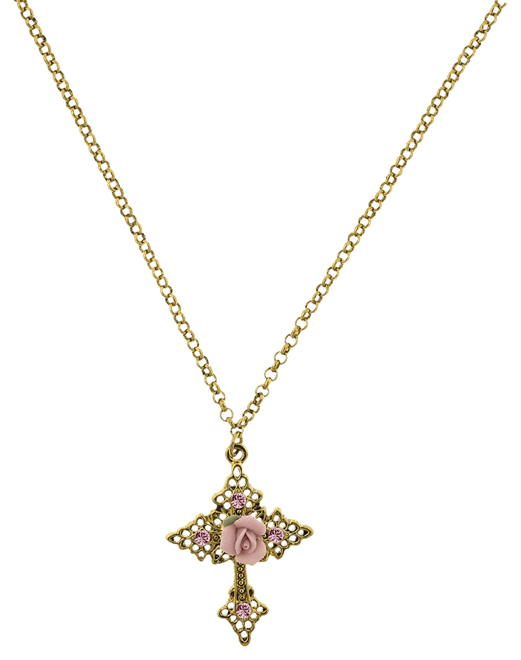 Gold-Tone Pink Crystal Cross and Pink Porcelain Rose Filigree Necklace 16" Adjustable